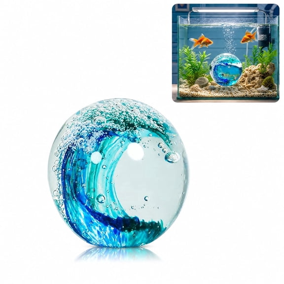 Glass Sphere Paperweight, Hand Blown Ocean Wave Bubble Design Nautical Table Decor Ornament