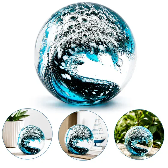 Hand Blown Ocean Waves Crystal Ball Figurine, Glass Art Paperweight Sphere, Nautical Beach Home Decor Collectible Gift for Ocean Lovers