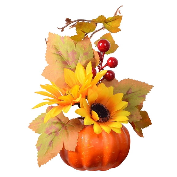 Hand-Blown Pumpkin with Artificial Flower Decoration Collectible Figurine, Pumpkin Decor for Fall Harvest Halloween Thanksgiving Table Decoration, 5.9x5.9x3.1 inch