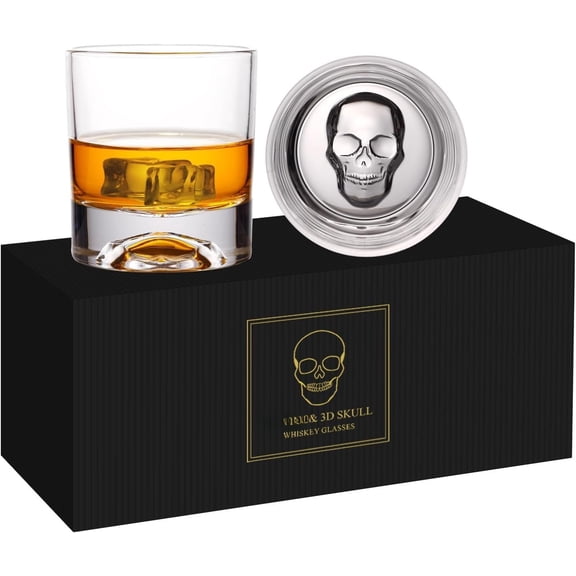 Hand Blown Skull Glasses, Set of 2 Glasses In Box - 10 Oz Old Fashioned Glasses for , , Rum - Gifts for Halloween, Christmas, Thanksgiving for Men