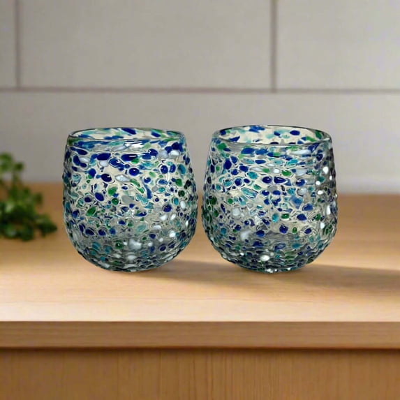 Hand Blown Stemless Wine Glass | Blue Green Confetti Design (Setof6)