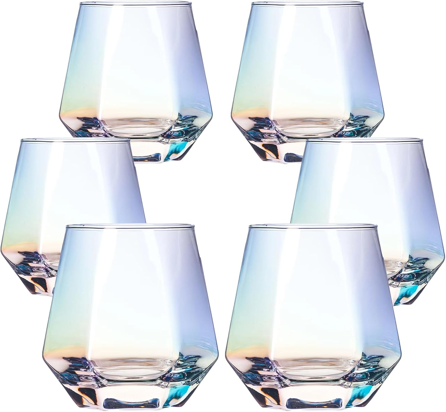 Set Of 4 Hand-Blown Stemless Wine Glasses - Red & White Swirl Design, Iridescent Finish, 12 Oz