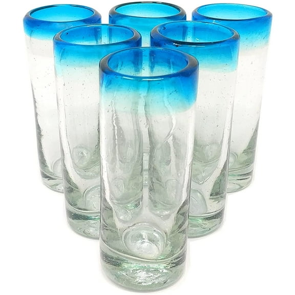 Hand Blown Tequila Shot Glasses Set of 6 Aqua Rim Tequila Shot Glasses 2 oz.