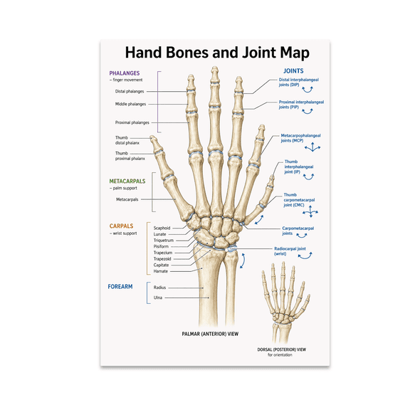 Hand Bones and Joint Map Educational Reference - Anatomy Learner - 13x19 Poster Print