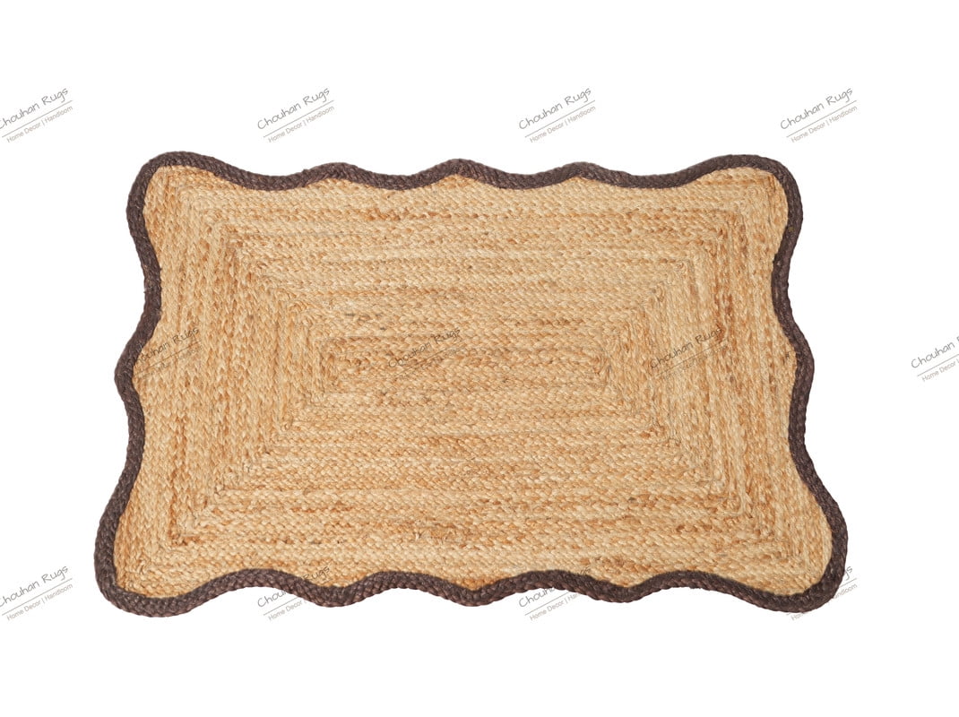 Hand Braided Beige Color Natural Jute Rug Scalloped Area Rug Rectangle Rug