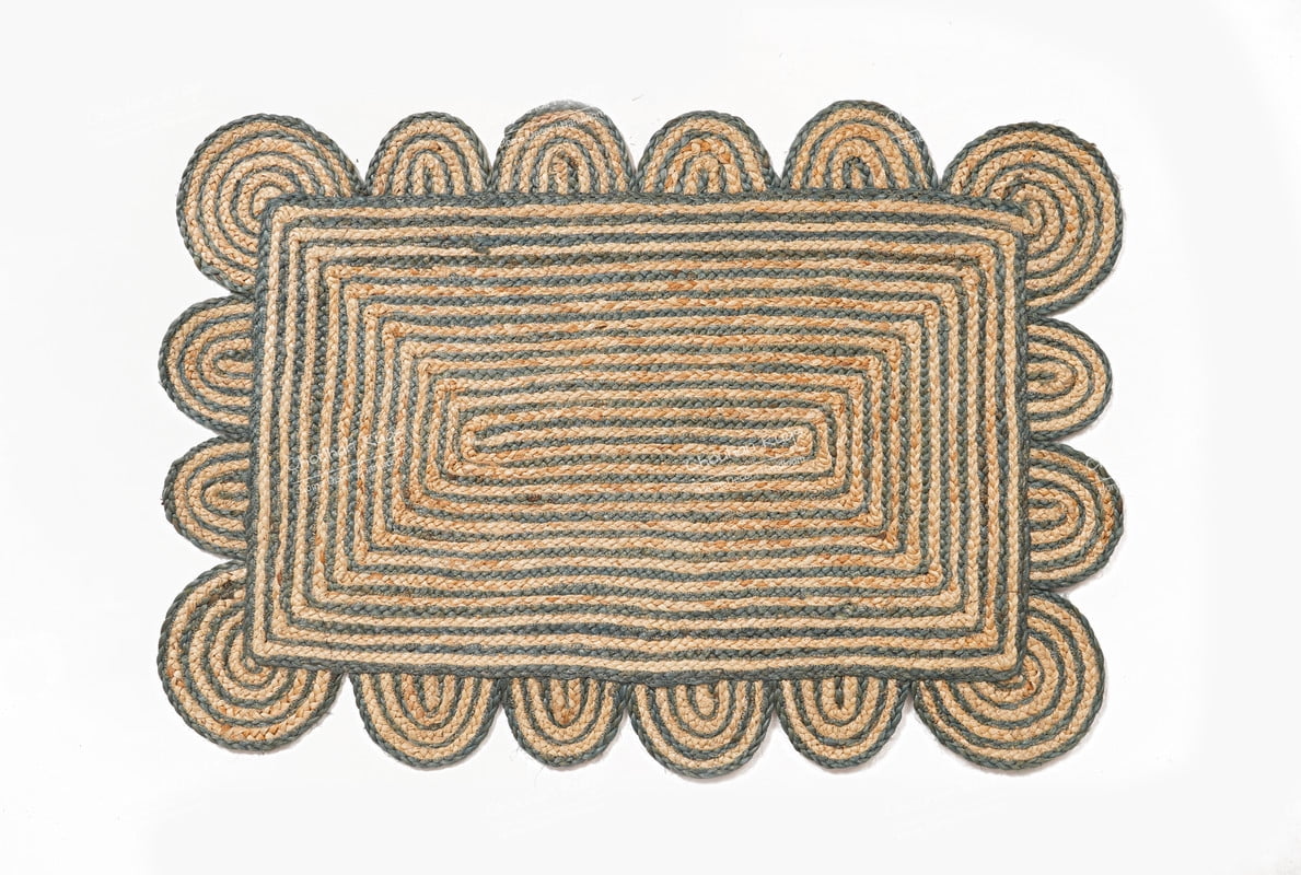 Hand Braided Beige and Grey Color Scalloped Area Rug Rectangle Rug Natural Jute Rug