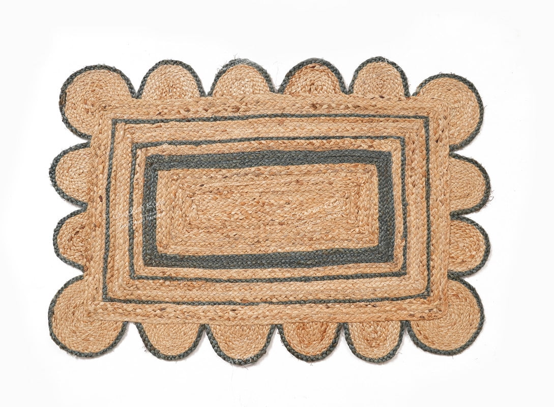 Hand Braided Beige and Grey Color Scalloped Area Rug Rectangle Rug Natural Jute Rug