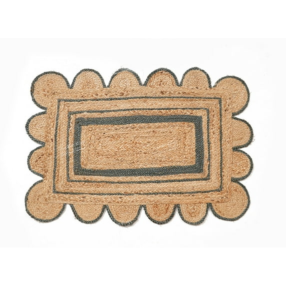 Hand Braided Beige and Grey Color Scalloped Area Rug Rectangle Rug Natural Jute Rug