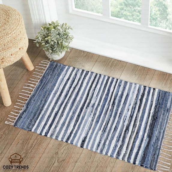 Hand Braided Bohemian Indian Traditional Colorful Cotton Chindi Area Rug Home Decor Rug Rag 24''x36'' with Tassel Fringes Machine Washable