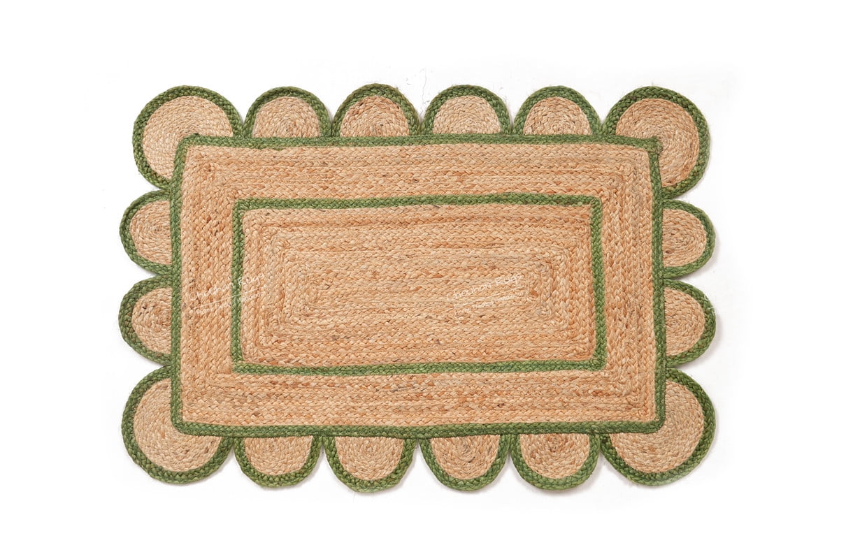 Hand Braided Natural Jute Rug Beige and Green Scalloped Area Rug Rectangle Rug