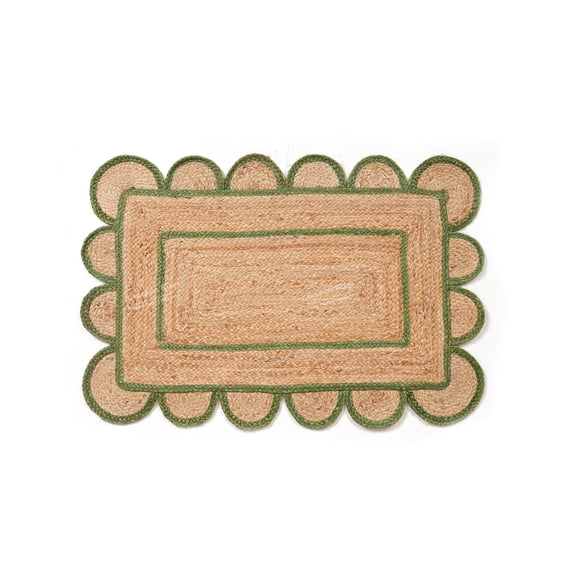 Hand Braided Natural Jute Rug Beige and Green Scalloped Area Rug Rectangle Rug