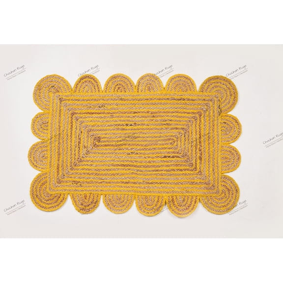 Hand Braided Natural Jute Rug Beige and Yellow Scalloped Area Rug Rectangle Rug