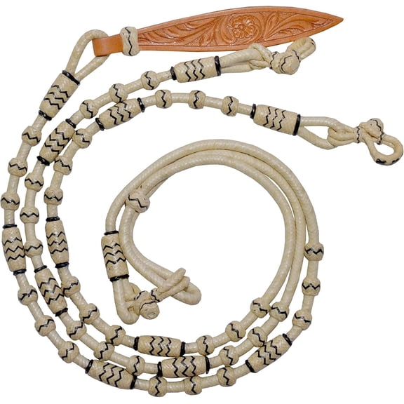 Hand-Braided Romal Reins with Natural & Black Knots  Rawhide Leather Horse Tack, 52" Romel Ranch Rope Reins