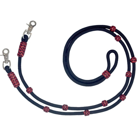 Black Nylon Roping Reins with Red Knots Hand-Braided Rawhide Leather Horse Tack, Expert Craftsmanship