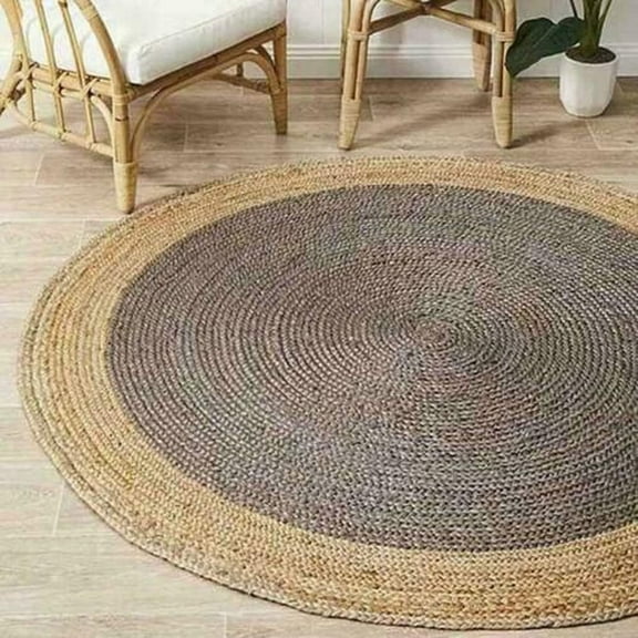Hand Braided Round Rugs Farmhouse Rugs for Living Area Rug for Bedroom, Kitchen, Living Room, Indoor Outdoor Rug Carpet 7" Square Feet (84x84 Inch) (Grey+Beige Border)