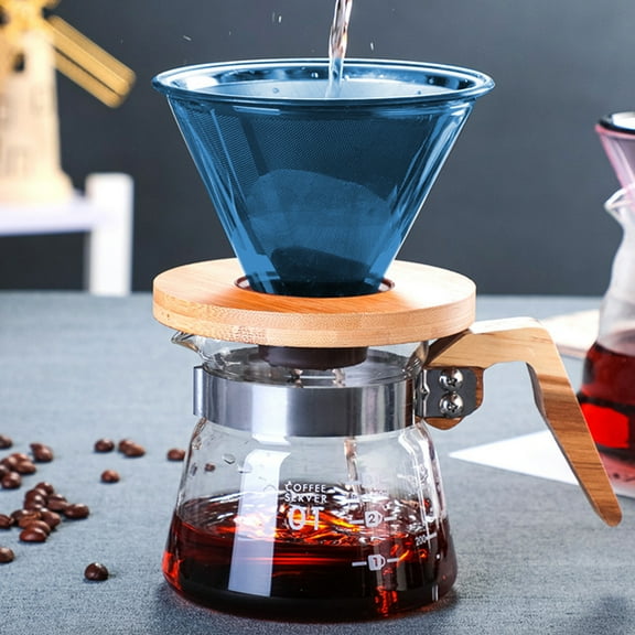 Hand Brewed Coffee Filter Mug - Reusable Glass Drip Coffee Maker with Removable Wooden Base Portable for Home,Office & Travel 11.2×8.7cm,Blue,Green,Clear,Orange Options