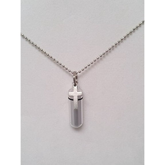 Hand-Brushed Silver Simple Cross CREMATION URN Necklace with ENGRAVED HEART - Includes Velvet Pouch, Ball-Chain &Fill Kit