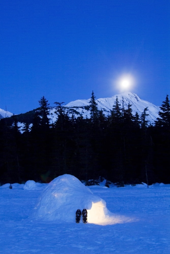 Hand Built Igloo In Moonlight Lit Up With Snowshoes At Entrance Glacier Valley Girdwood Alaska Canvas Art - Randy Brandon Design Pics (11 x 17)