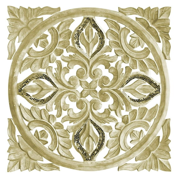 Hand Carved 24 in. Decorative Wood with Mirrored Glass Mosaic Accents Wall Panel in Rustic Golden Ivory Floral Scroll Relief Wall Sculpture Three Dimensional Home Decor Accents in Square Shape