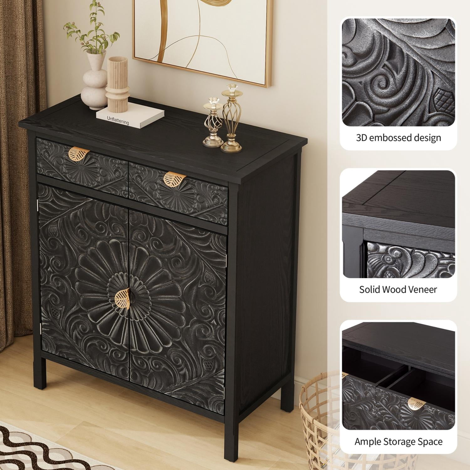 Hand-Carved Accent Cabinet with Floral Embossed Drawer and Doors, Wooden Storage Cabinet and Sideboard with Gold Handles for Entryway Living Room, Black