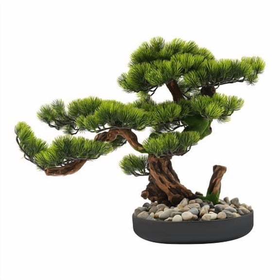 Hand Carved Artificial Welcome Pine Bonsai Tree, No Watering Desktop Fake Greenery for Living Room Office Decor