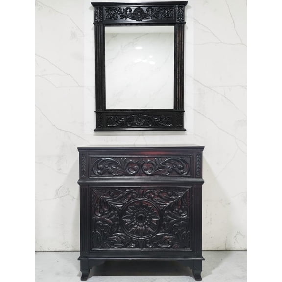 Hand-Carved Black Bathroom Vanity Set with Matching Framed Mirror