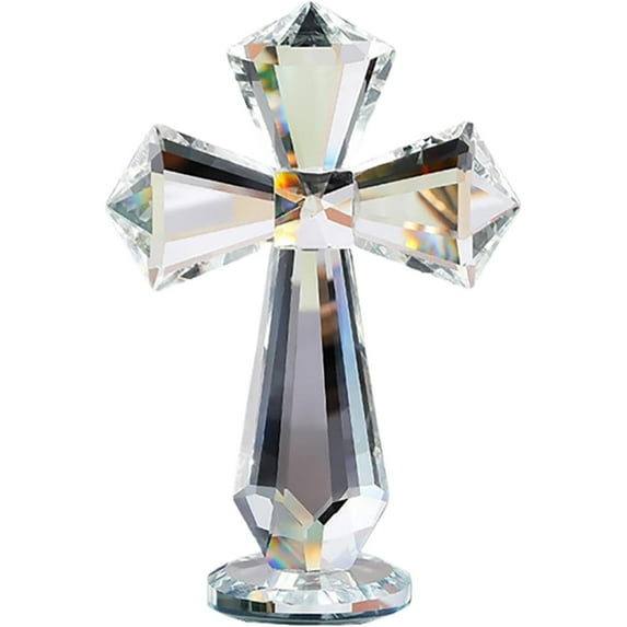 Hand-Carved Crystal Cross Desk Decor - 6 Inch Spiritual Gift for Christians, Clear K9 Crystal Religious Figurine with 360° Faceted Design, Home Altar & Office Inspirational Ornament (Multi-Colored)