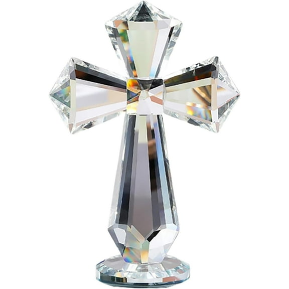 Hand-Carved Crystal Cross Desk Decor - 6 Inch Spiritual Gift for Christians, Clear K9 Crystal Religious Figurine with 360° Faceted Design, Home Altar & Office Inspirational Ornament (Multi-Colored)