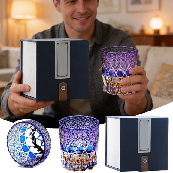 Hand-Carved Glass - Elegant Blue Cut-to-Clear Tumbler with Gift Box, Barware for , Bourbon, Scotch &