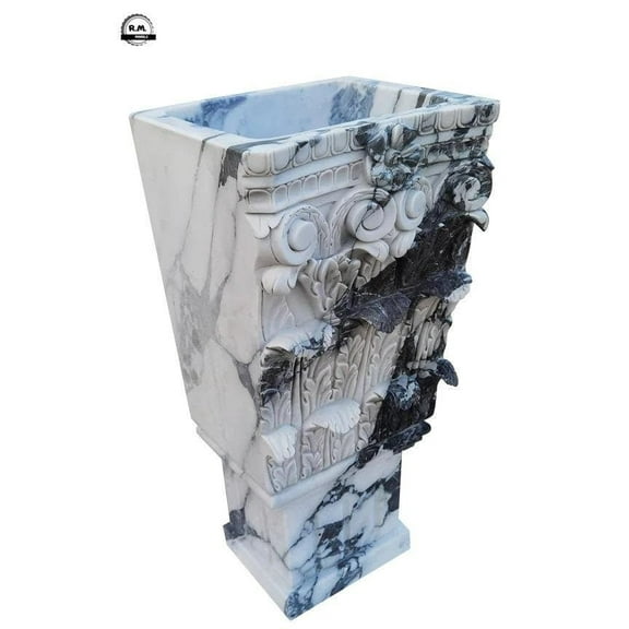 Hand Carved Designed Stone Pedestal Sink Wash Basin Handcrafted Flower Designed Engraved Sink for Home & Kitchen Decoration