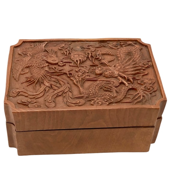 Hand Carved Dragon and Phoenix Boxwood Box | 3.1x2.1x1.4" | Brown | 1 Beads