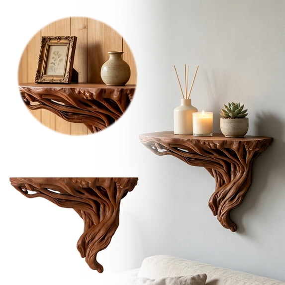 Hand Carved Driftwood Style Root Floating Wall Shelf Boho Farmhouse Decorative Wall Mount Display Rack Lightweight Storage Organizer For Succulent Candle Small Ornament Home Entryway