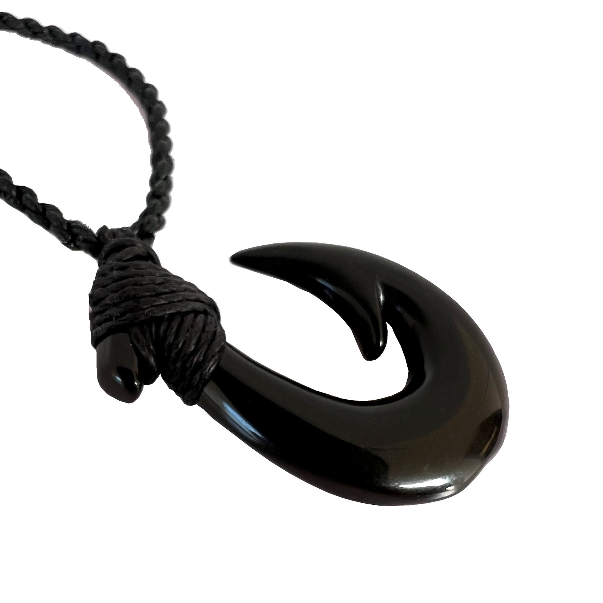 ZERO GRAVITY HAWAII Hand Carved Genuine Black Jade Nephrite Hawaii Fish Hook Necklace Adjustable Black Hemp Cord Pendant
