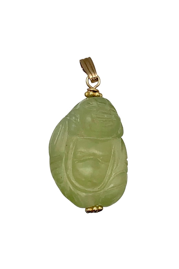 Hand Carved Green Jade Buddha 14K Gold Filled Pendant| 1 5/8" Long |