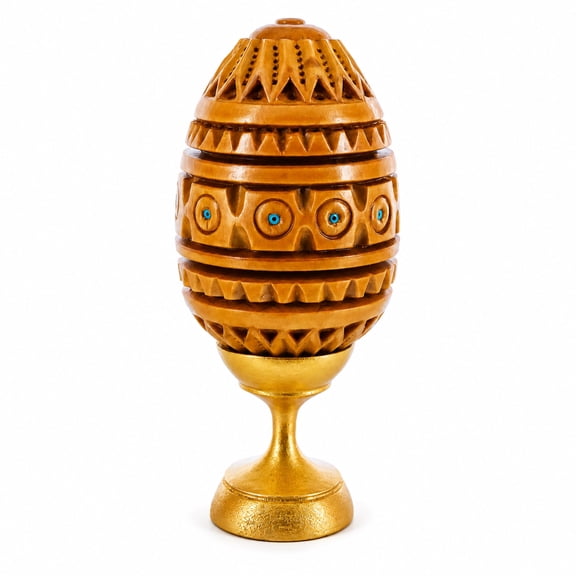 Hand Carved Inlaid Ukrainian Wooden Easter Egg on a Stand