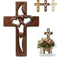 thumbnail image 1 of Hand-Carved Intertwined Hearts Wooden Cross, Handmade Wooden Cross with Intertwined Hearts, Elegant Hand Holding Love Crosses Wall Decoration for Wedding Valentine Christmas Gift (Retro), 1 of 9