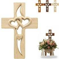Hand-Carved Intertwined Hearts Wooden Cross, Handmade Wooden Cross with Intertwined Hearts, Elegant Hand Holding Love Crosses Wall Decoration for Wedding Valentine Christmas Gift (Off-white)