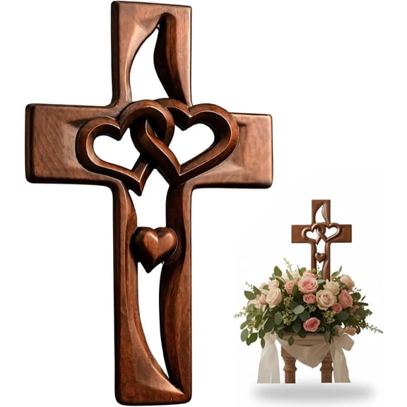 Hand-Carved Intertwined Hearts Wooden Cross, Handmade Wooden Marriage Cross For Wall, Easy to Hang & Lightweight, Faith Home Decor Gift For Wedding, Anniversary, Housewarming 1PCS-A