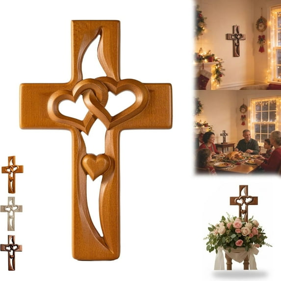 Hand-Carved Intertwined Hearts Wooden Cross – Vintage-Style Wooden Marriage Cross with Intertwined Hearts, Heart-Shaped for Wall Decor (Natural)