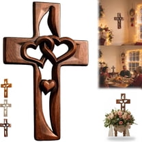 Hand-Carved Intertwined Hearts Wooden Cross – Vintage-Style Wooden Marriage Cross with Intertwined Hearts, Heart-Shaped for Wall Decor (Retro)