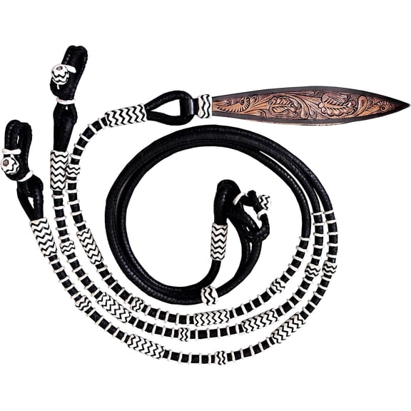Hand-Carved Leather Popper on 8.5 Ft Black Rope Romal Reins with White Knots Rawhide Leather Horse Tack, 52" Romel