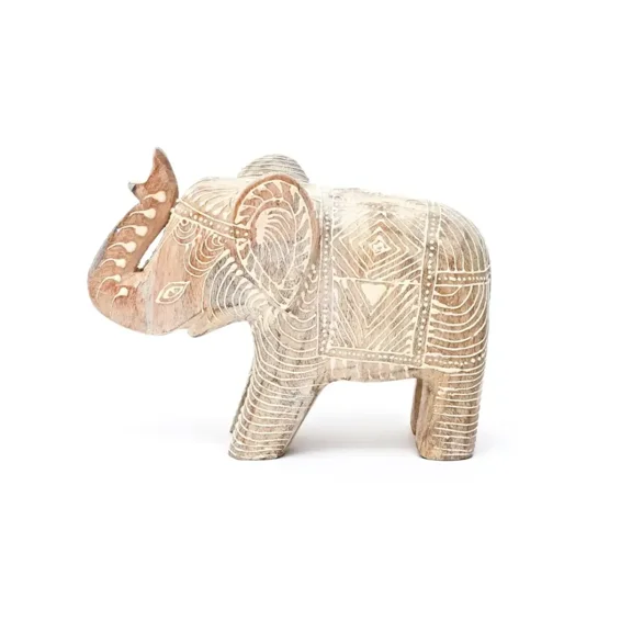 Hand-Carved Mango Wood Elephant Figurine, Whitewashed Rustic Decor