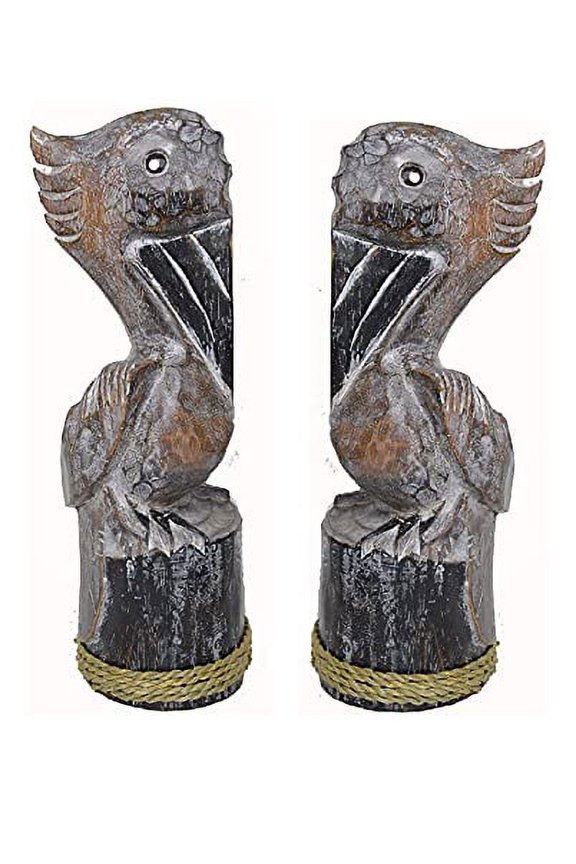 Hand Carved Nautical Wooden Set of 2 Pelican Statues White Art