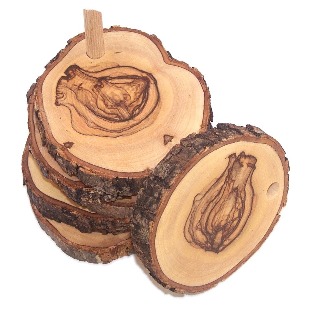 Hand Carved Natural Olive Wood Coaster Set with Base