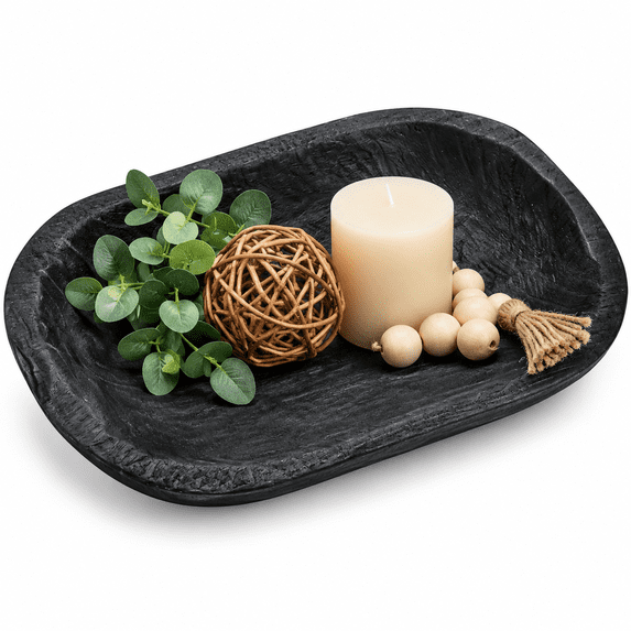Rustic Bowl Set Hand-Carved Paulownia Wood Decorative Bowl, Matte Black Rustic Shallow ...