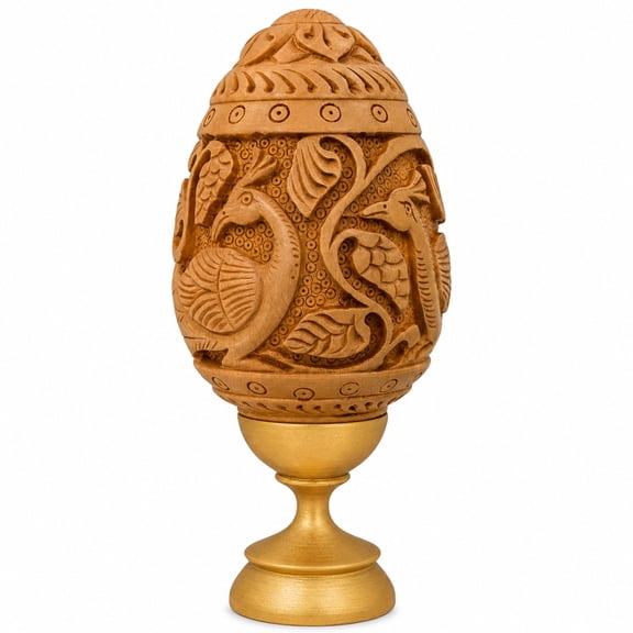 Hand Carved Peacocks Wooden Easter Egg 3 Inches
