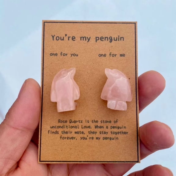 Hand Carved Penguin Stone Figurine Set With Greeting Card Natural Gemstone Keepsake For Couples Anniversary Gift