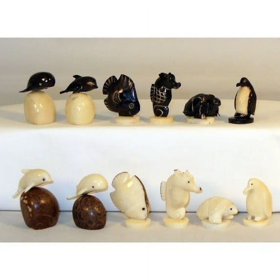 Hand Carved Penguin Tagua Nut Chess Set with Black & Natural Wooden Veneer Board