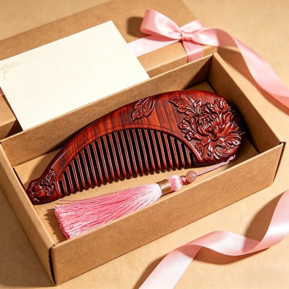 Hand-Carved Peony Red Sandalwood Comb, Natural Anti-Static Wooden Hair Comb, Luxury Gift for Her, Chinese Floral Engraved Comb with Tassel