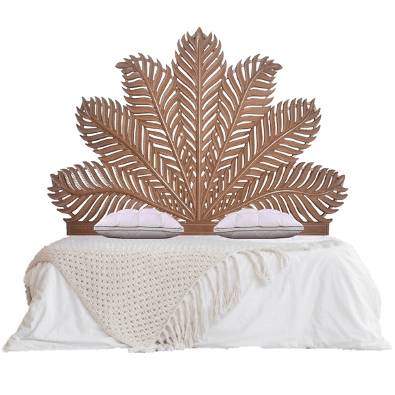 Hand Carved Queen Size Half Moon Bed Headboard Palm Leaf Bed Decor Brown Leaf Wall Art Bed Headboard